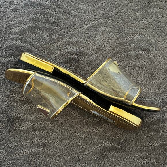 Prada Ciabatte Clear PVC Enameled Triangle Logo Flat Sandal Platino Gold Size 37 - Picture 11 of 14